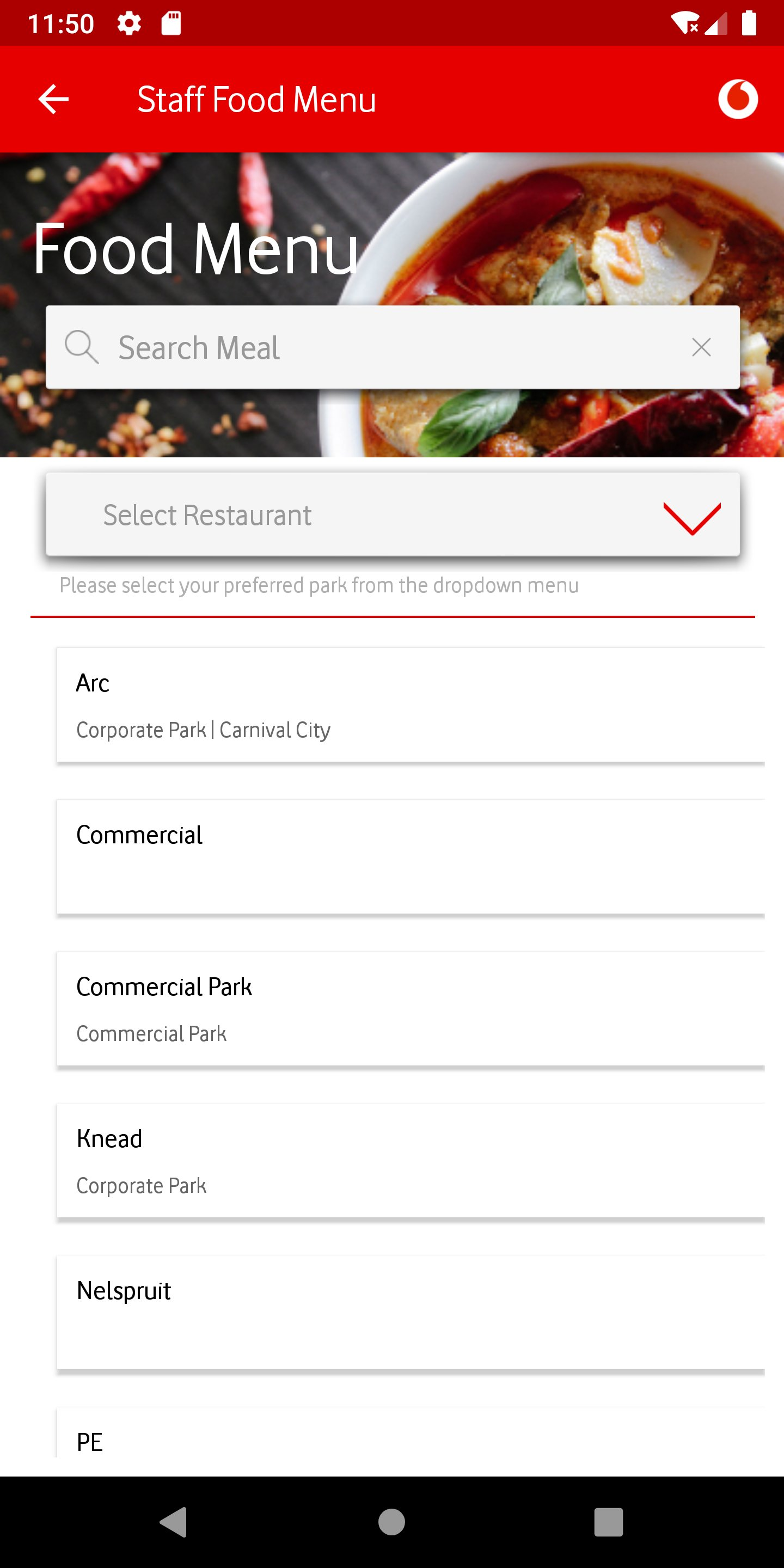 Old Food Menu screen
